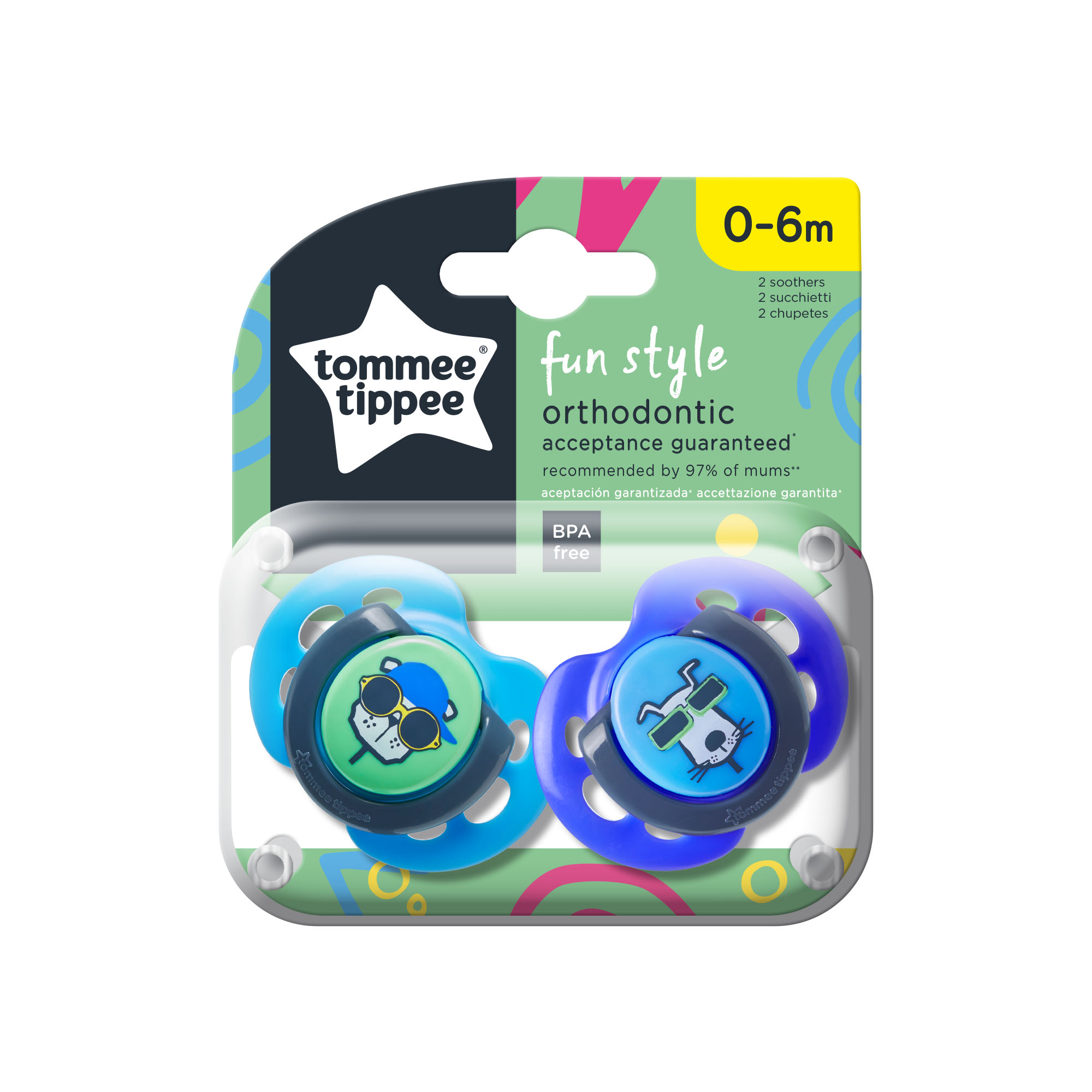 Suzeta ortodontica de zi Tommee Tippee Fun, 0-6 luni, Pisica si Caine, 2 buc