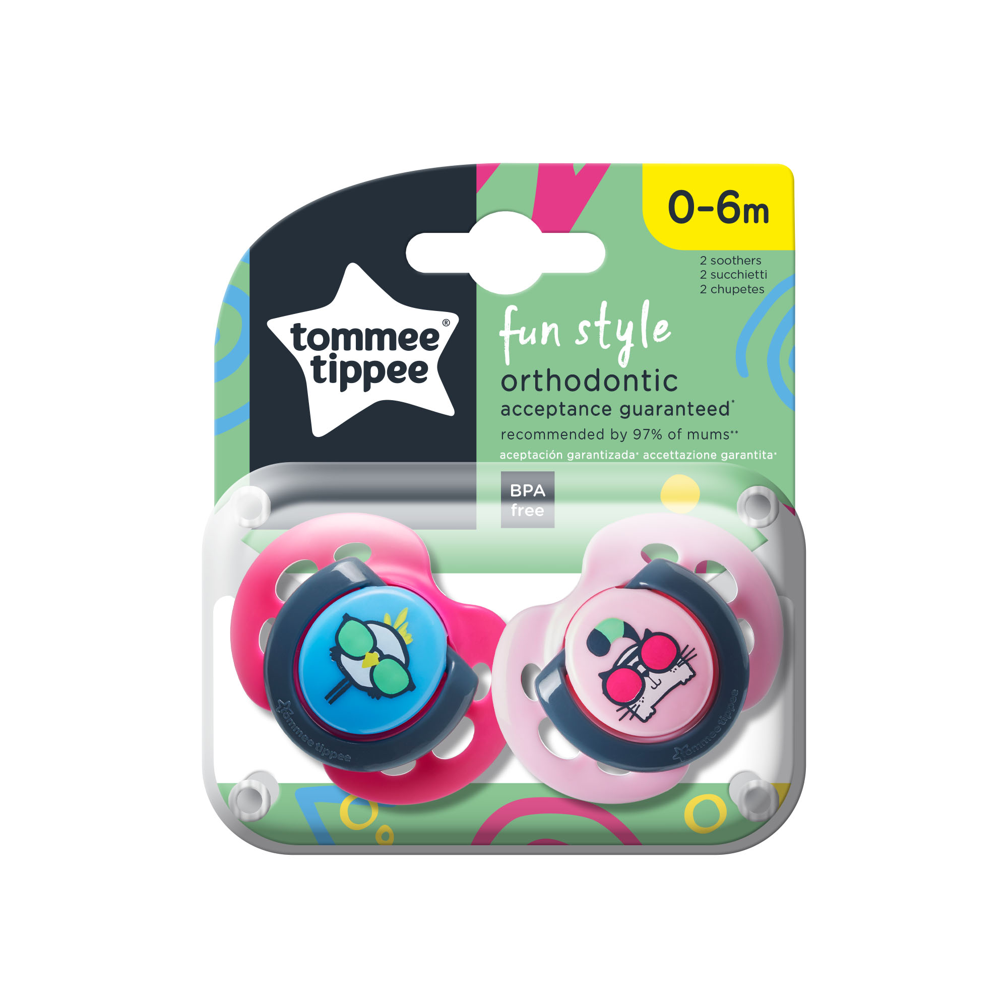 Suzeta ortodontica de zi Tommee Tippee Fun, 0-6 luni, Pui si Pisica, 2 buc