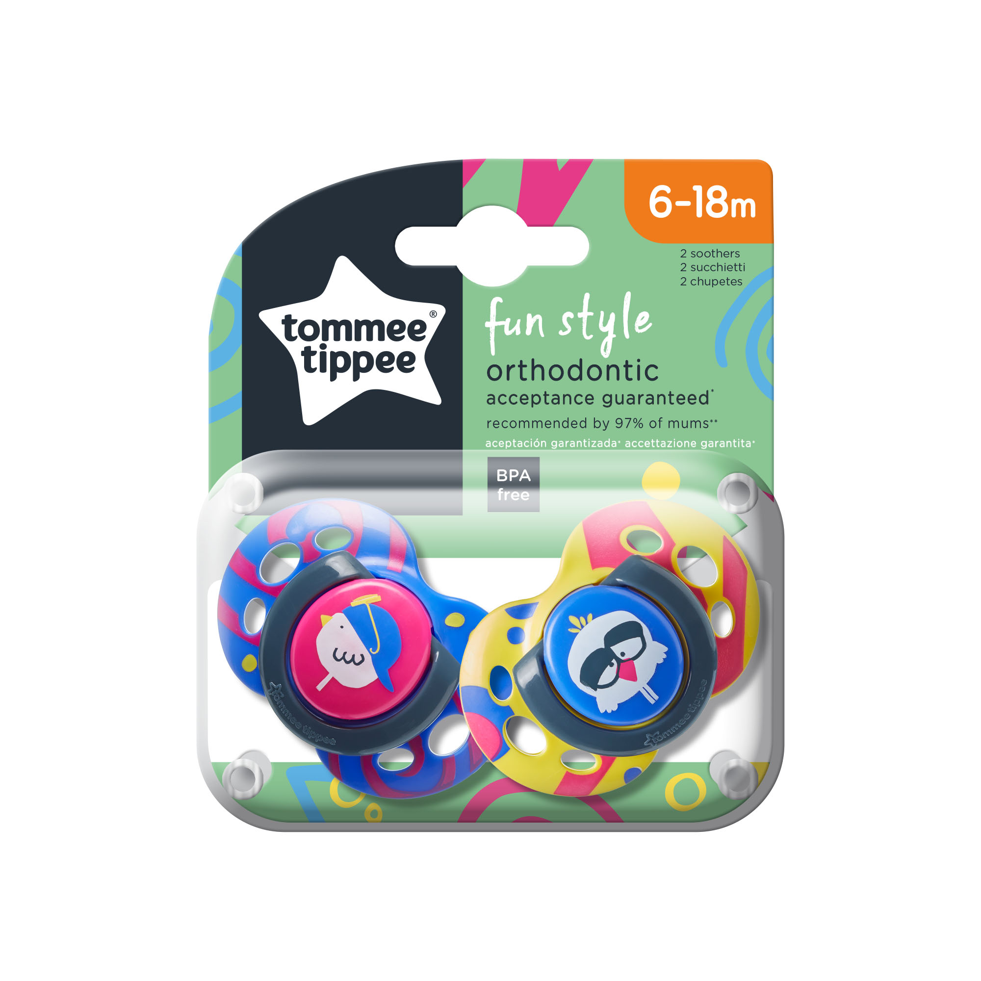 Suzeta ortodontica de zi Tommee Tippee Fun, 6-18 luni, Pasare, 2 buc