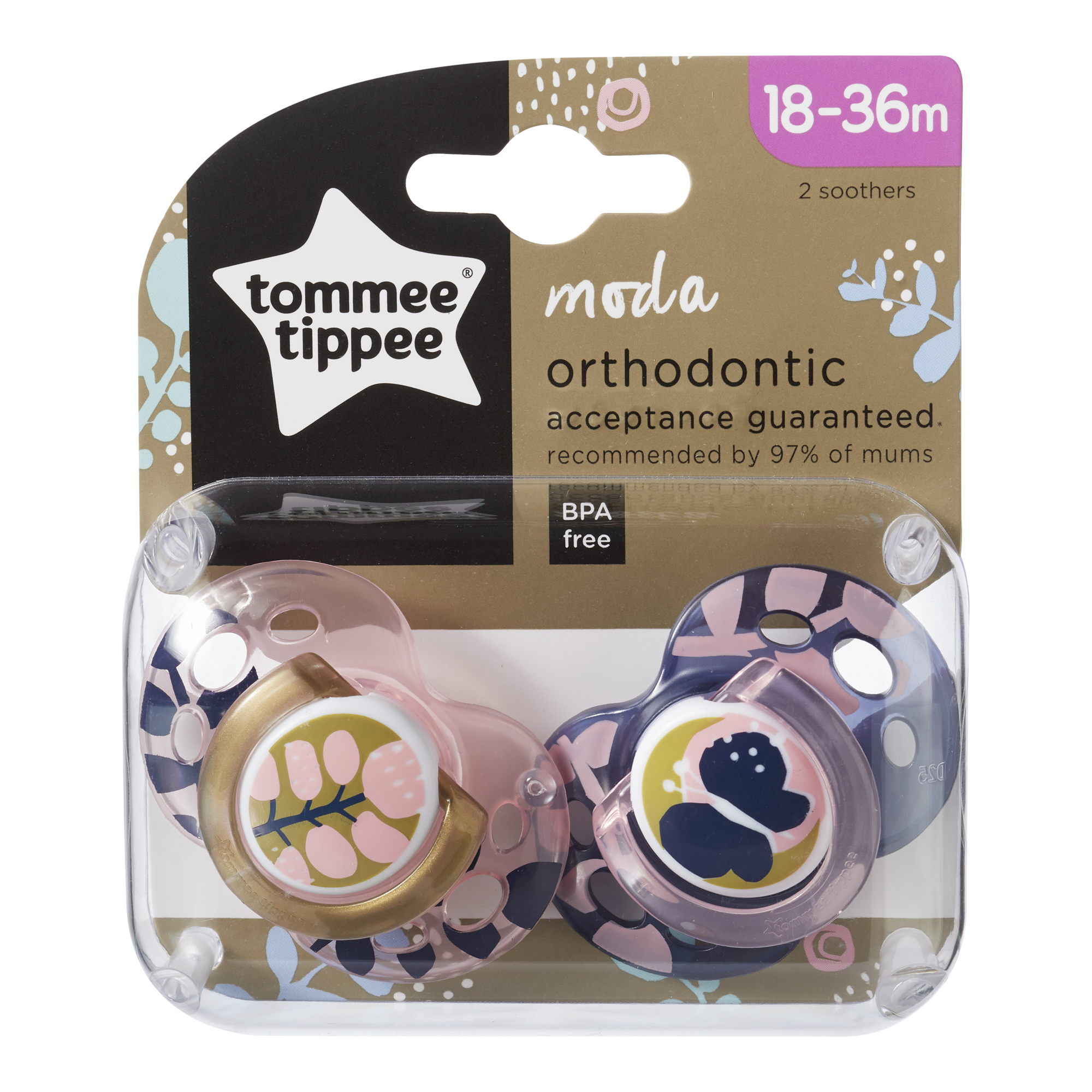 Suzeta Ortodontica Moda, Tommee Tippee, 2 buc, 18-36 luni, Fluture Roz