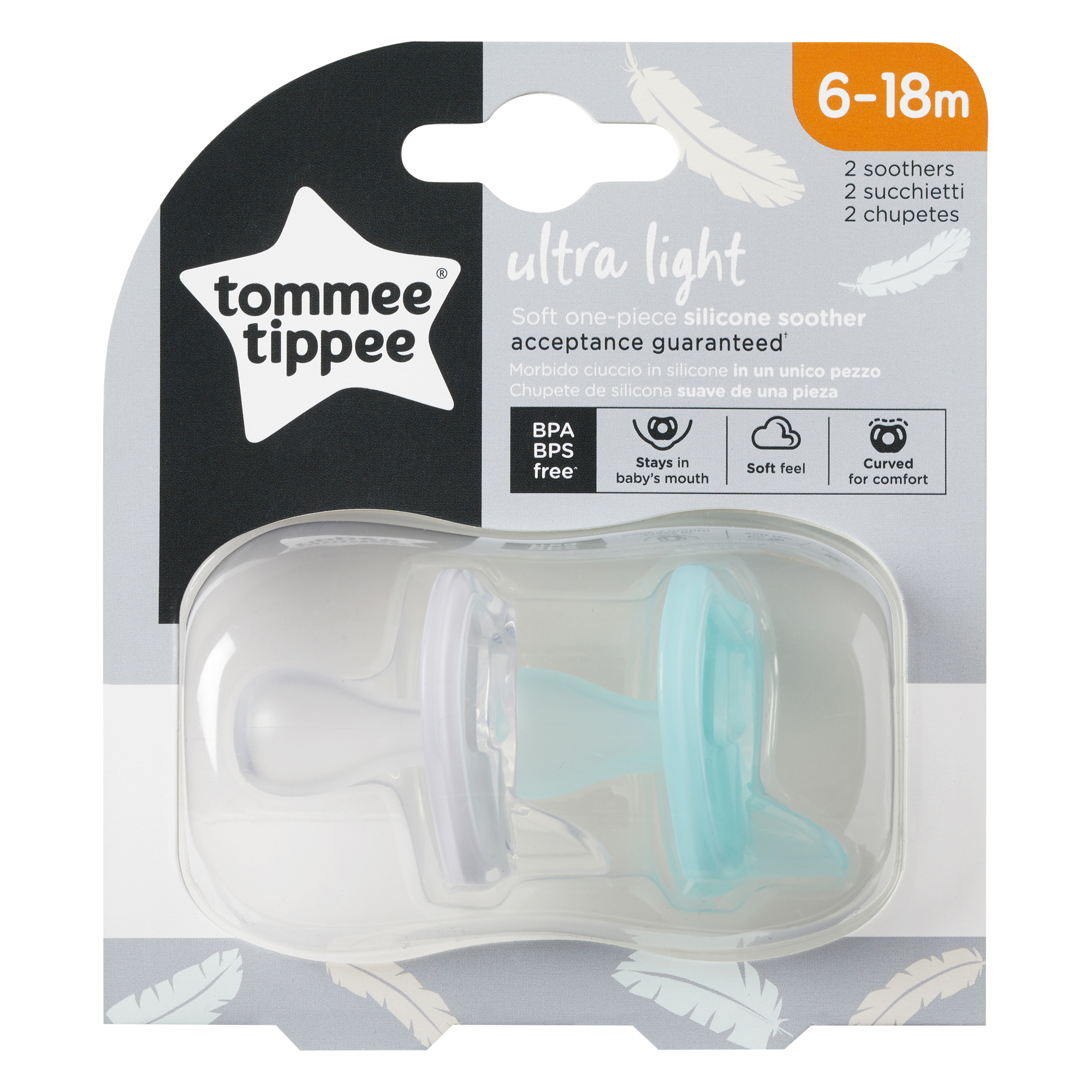 Suzeta Ortodontica Usoara, Tommee Tippee, 2 buc, 6 - 18 luni, Transparent / Turquoise