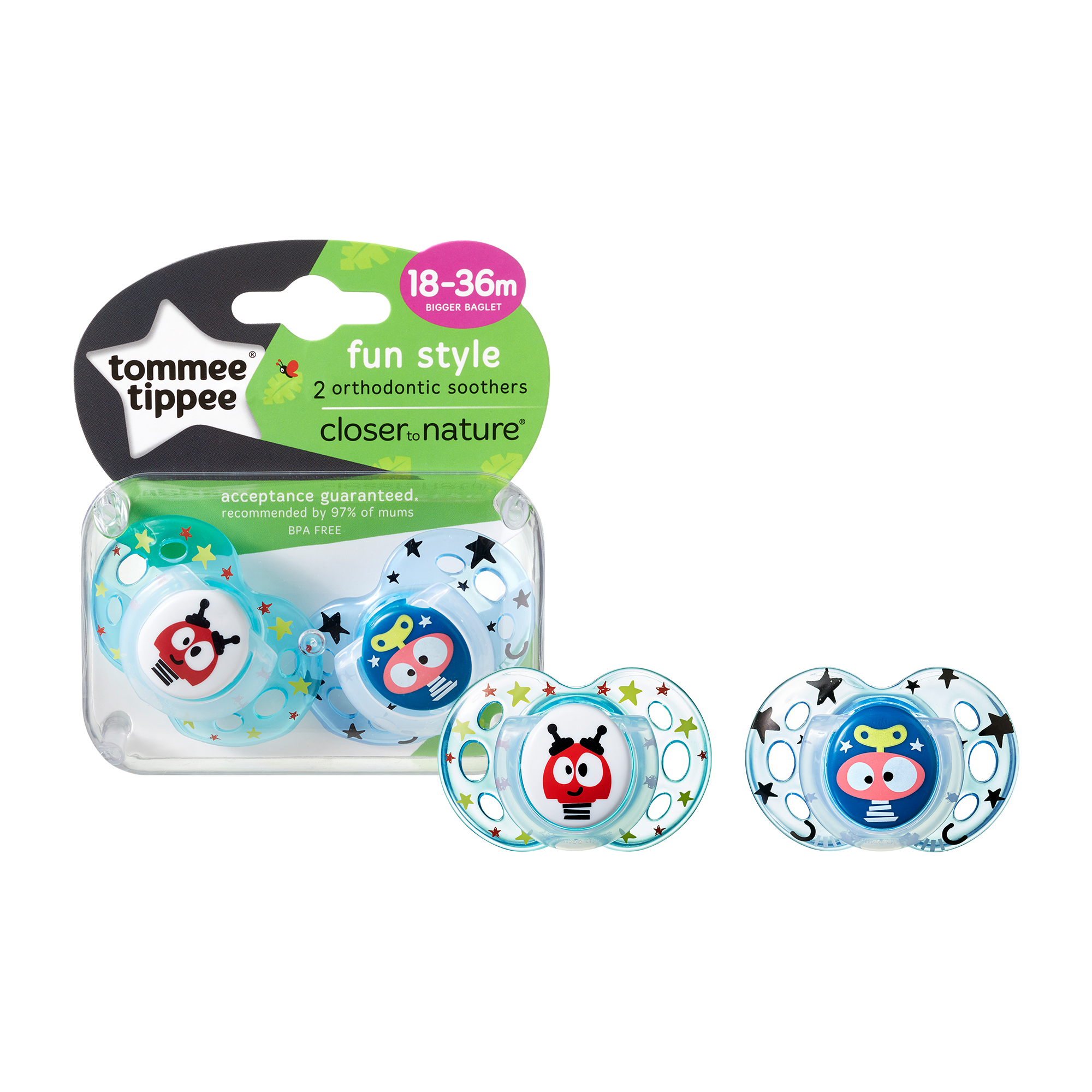 Suzete Ortodontice Fun, Tommee Tippee, 18-36 luni, 2 buc, baieti, Robotei Turquoise