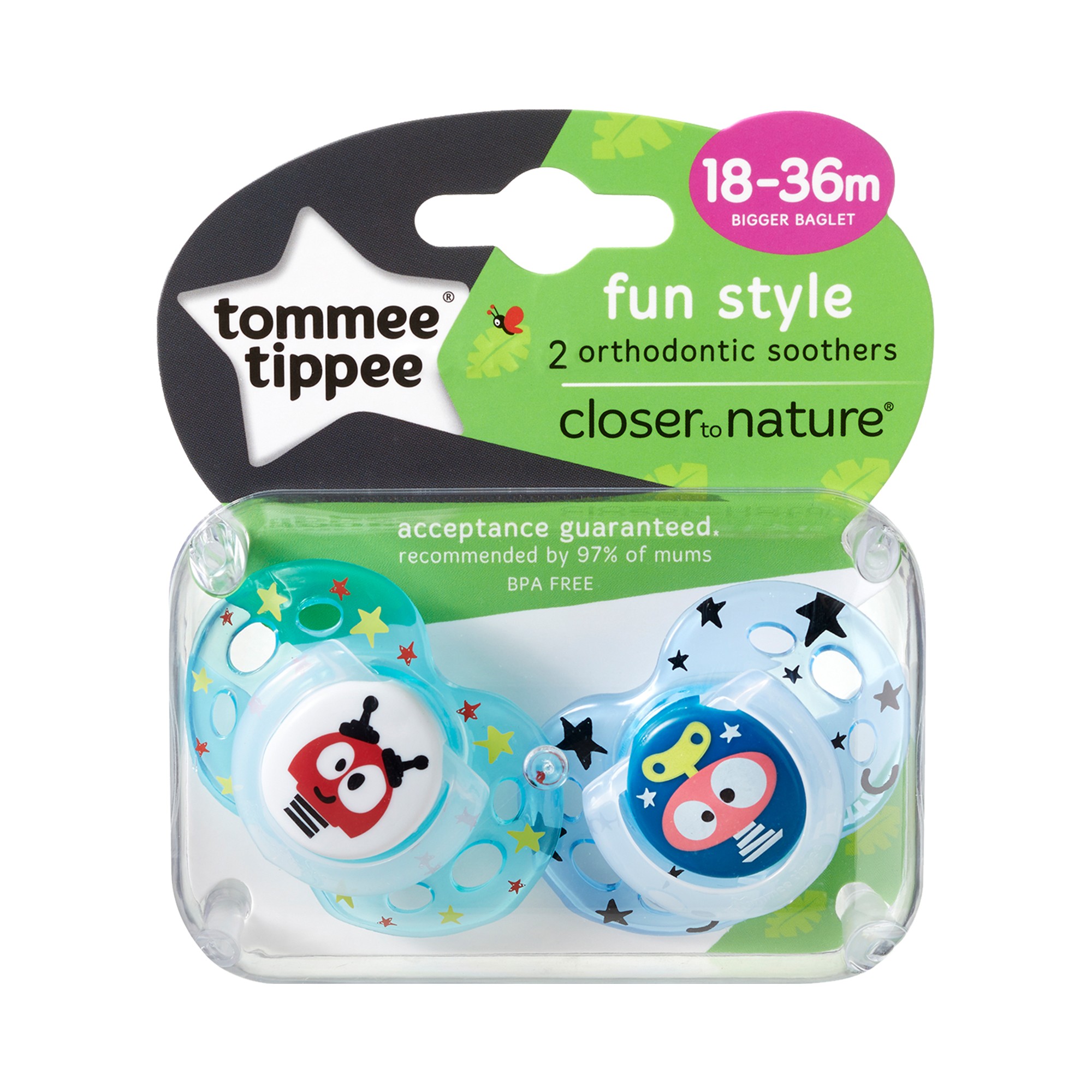 Suzete Ortodontice Fun, Tommee Tippee, 18-36 luni, 2 buc, baieti, Robotei Turquoise image 1