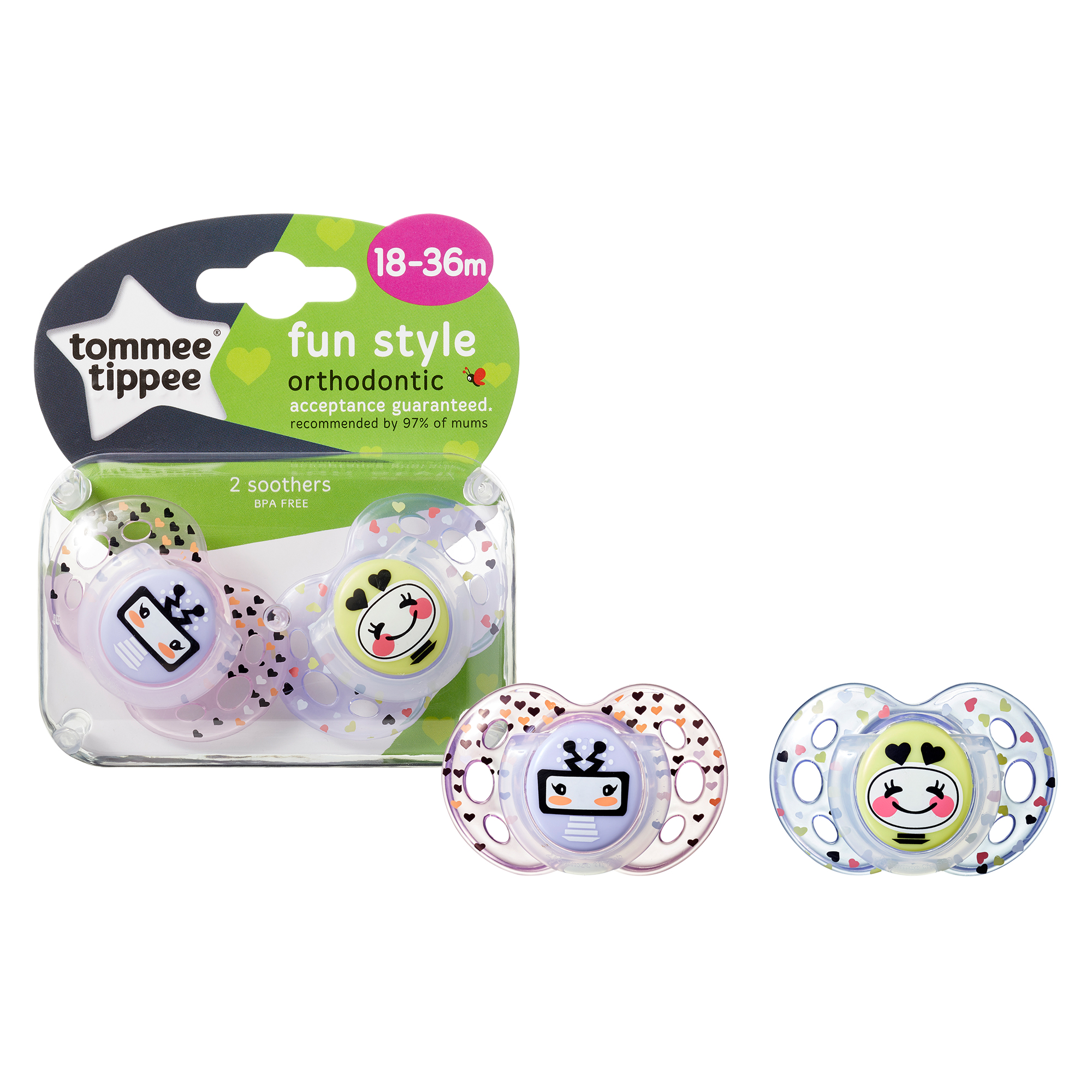 Suzete Ortodontice Fun, Tommee Tippee, 18-36 luni, 2 buc, fete, Robotel Galben