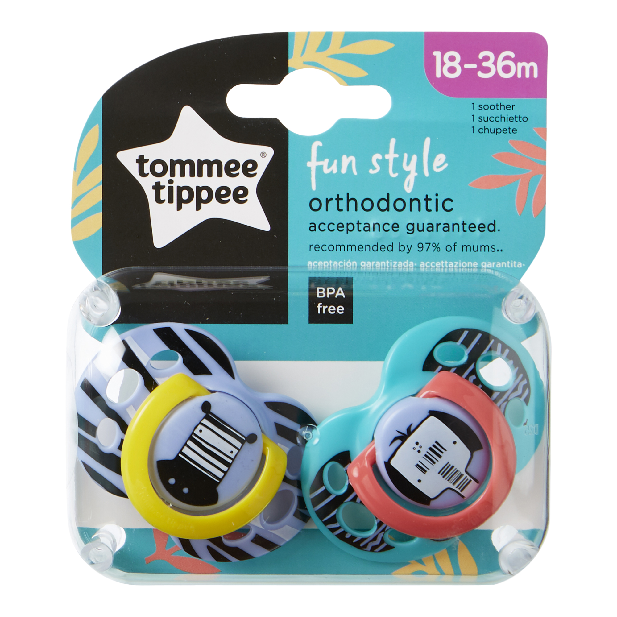 Suzete Ortodontice Fun, Tommee Tippee, 18-36 luni, 2 buc, fete, Zebra / Elefant