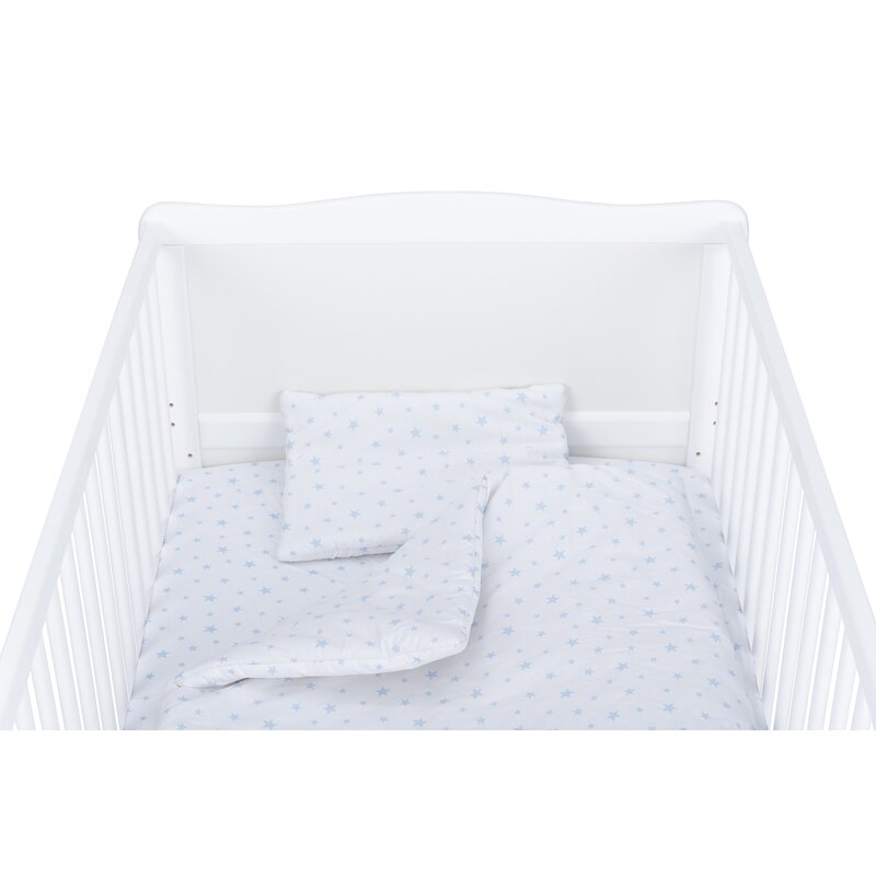 BabyNeeds - Lenjerie patut 3 piese 140x70 cm, Alb cu stelute albastru deschis