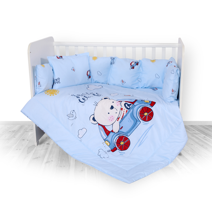 Set lenjerie 8 piese cu protectii laterale, Bear & Car Blue