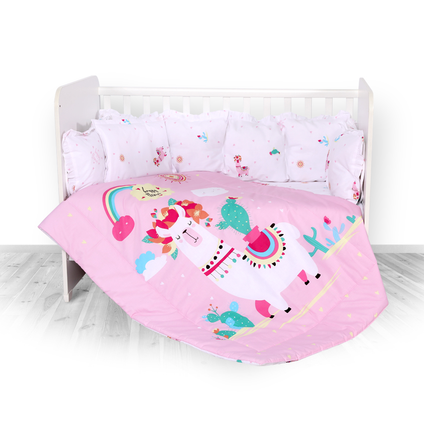 Set lenjerie 8 piese cu protectii laterale, Happy Lama Pink