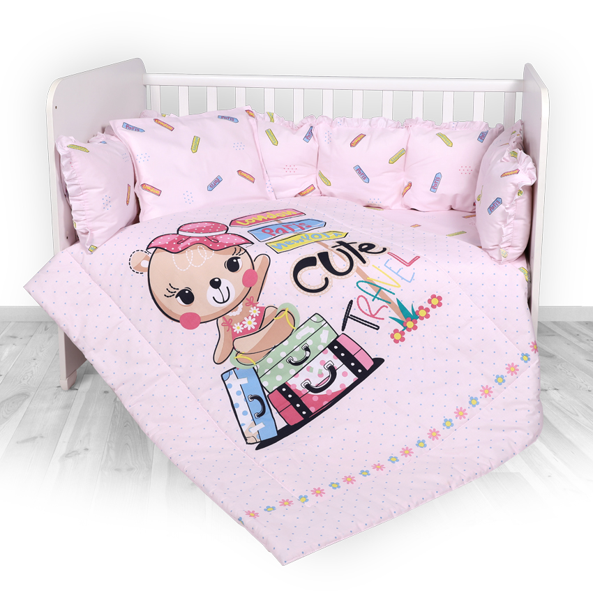 Set lenjerie 8 piese cu protectii laterale, Pink