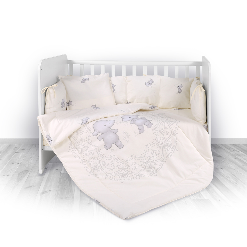 Set lenjerie 8 piese cu protectii laterale, Happy Hippo Beige