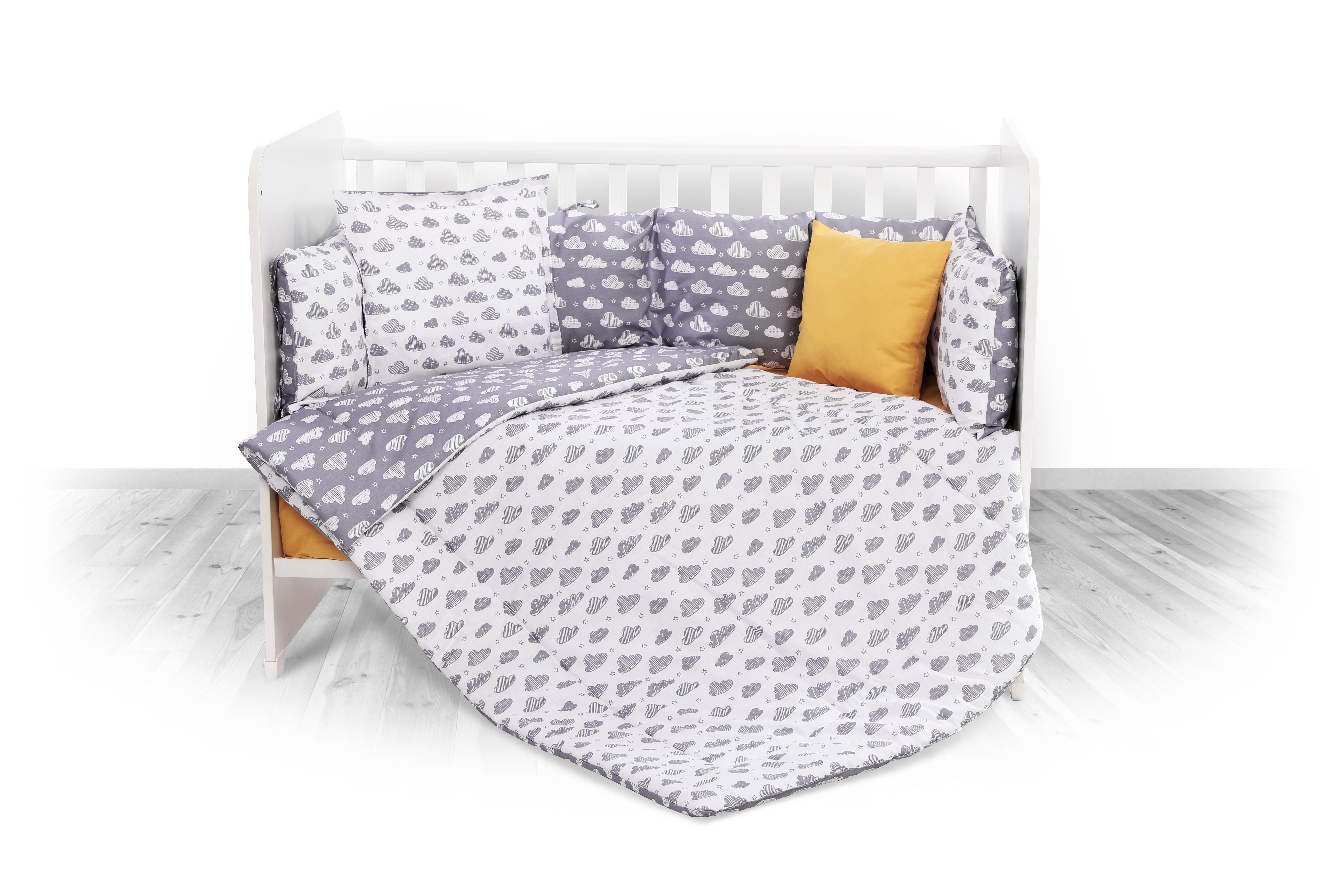 Set lenjerie 8 piese cu protectii laterale, Grey Clouds