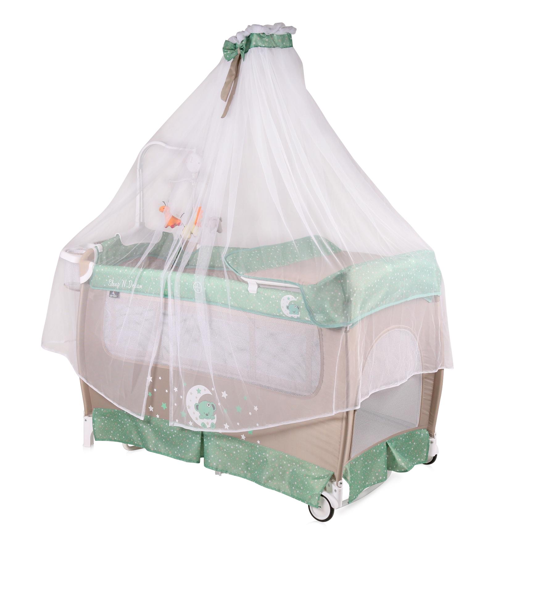 Patut SLLEP 'N' DREAM 2 niveluri cu balansoar si baldachin, Green&beige Moon Bear