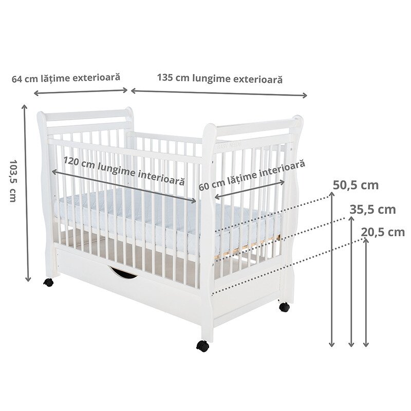 BabyNeeds - Patut din lemn Jas 120x60 cm, cu sertar si roti, Alb image 3