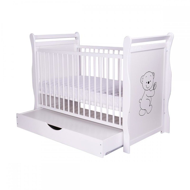 BabyNeeds - Patut din lemn Jas Ursulet 120x60 cm, cu sertar si roti, Alb image 2