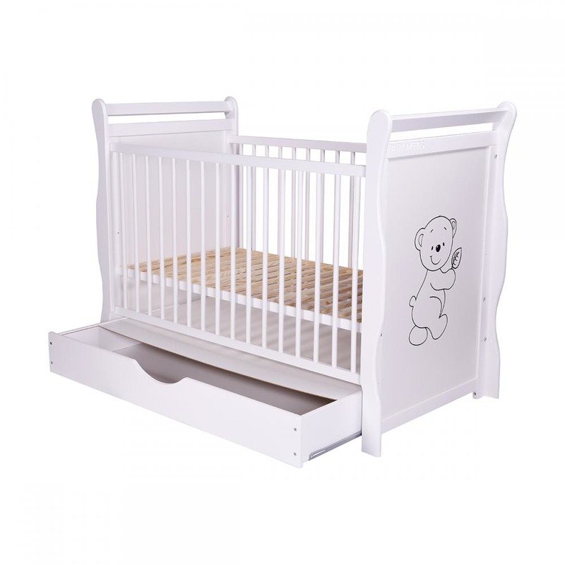 BabyNeeds - Patut din lemn Jas Ursulet 120x60 cm, cu sertar si roti, Alb image 6