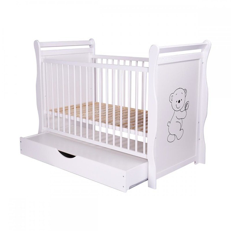 BabyNeeds - Patut din lemn Jas Ursulet 120x60 cm, cu sertar si roti, Alb image 7