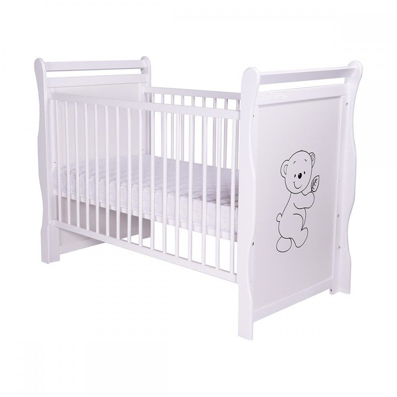 BabyNeeds - Patut din lemn Jas Ursulet 120x60 cm, cu roti, Alb + Saltea 10 cm image 2
