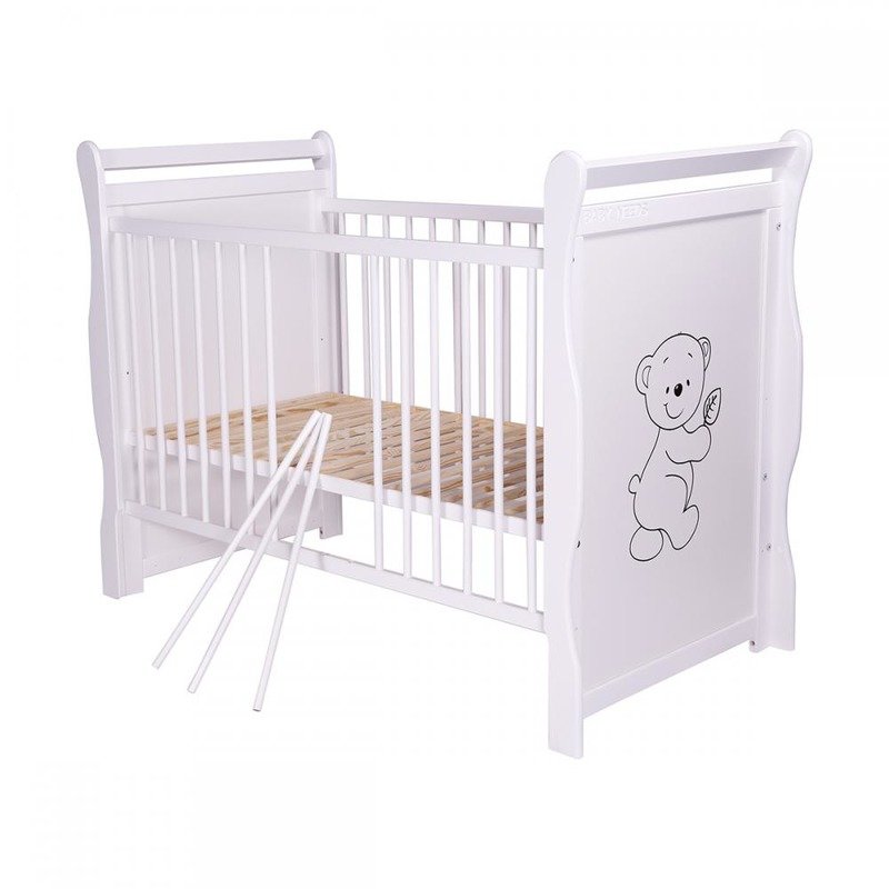 BabyNeeds - Patut din lemn Jas Ursulet 120x60 cm, cu roti, Alb + Saltea 10 cm image 4