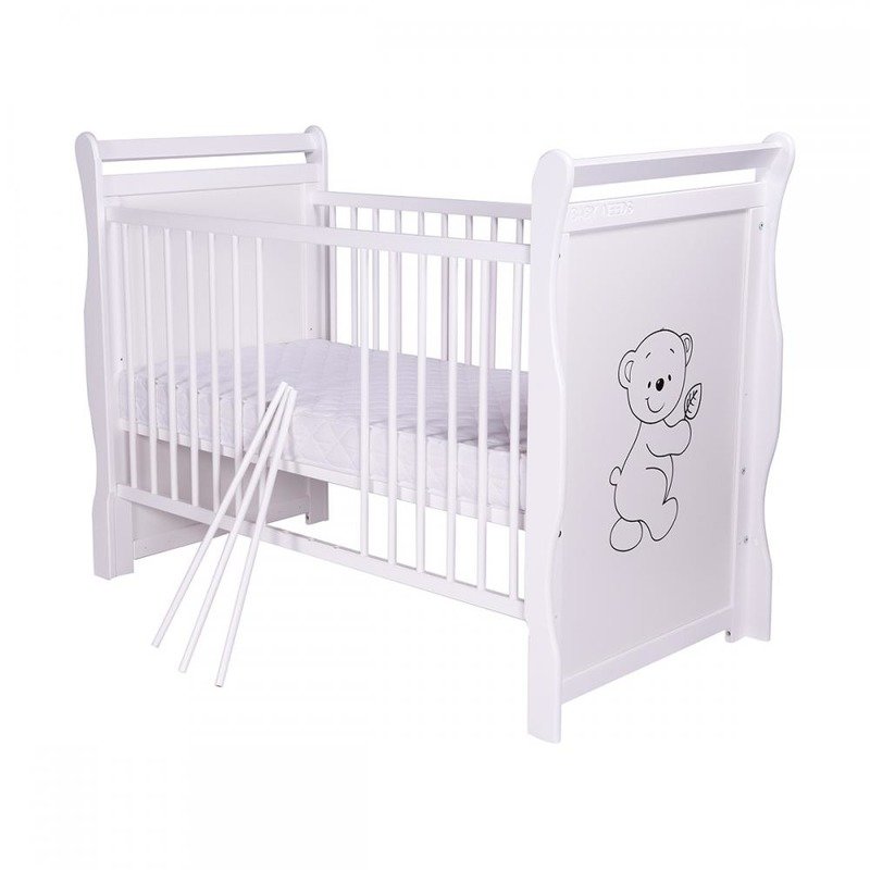 BabyNeeds - Patut din lemn Jas Ursulet 120x60 cm, cu roti, Alb + Saltea 10 cm image 5
