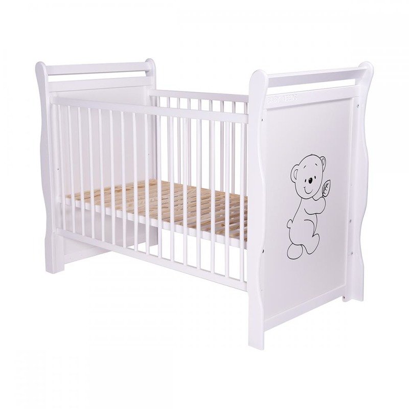 BabyNeeds - Patut din lemn Jas Ursulet 120x60 cm, cu roti, Alb + Saltea 10 cm image 6