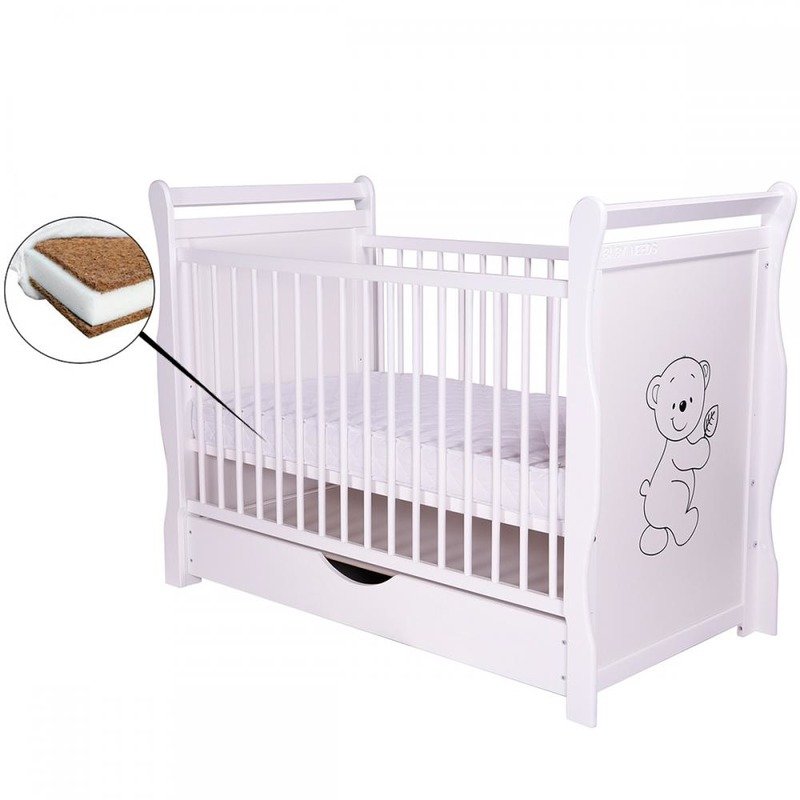 BabyNeeds - Patut din lemn Jas Ursulet 120x60 cm, cu sertar si roti, Alb + Saltea 10 cm image 1