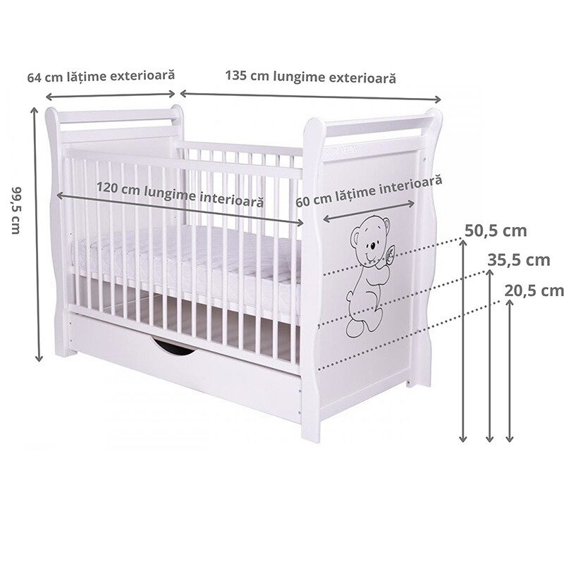 BabyNeeds - Patut din lemn Jas Ursulet 120x60 cm, cu sertar si roti, Alb + Saltea 10 cm image 3