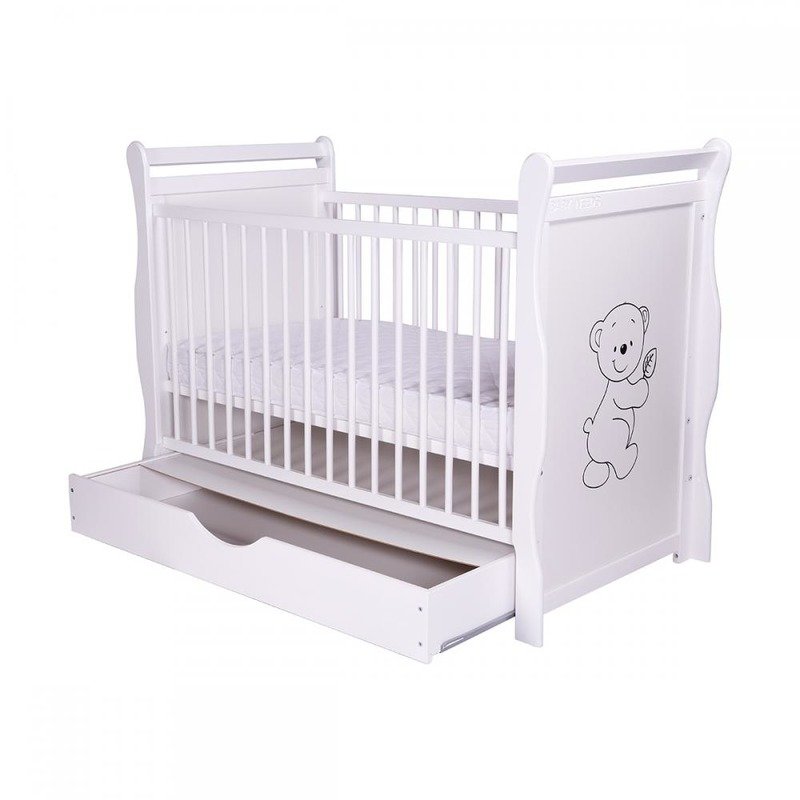 BabyNeeds - Patut din lemn Jas Ursulet 120x60 cm, cu sertar si roti, Alb + Saltea 10 cm image 6