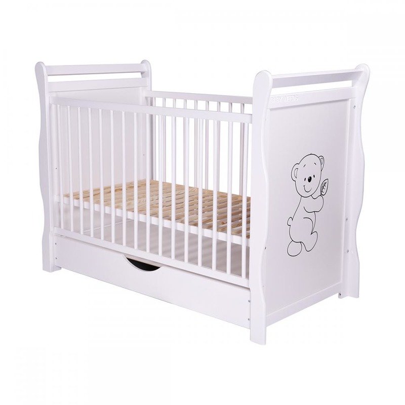 BabyNeeds - Patut din lemn Jas Ursulet 120x60 cm, cu sertar si roti, Alb + Saltea 10 cm image 9