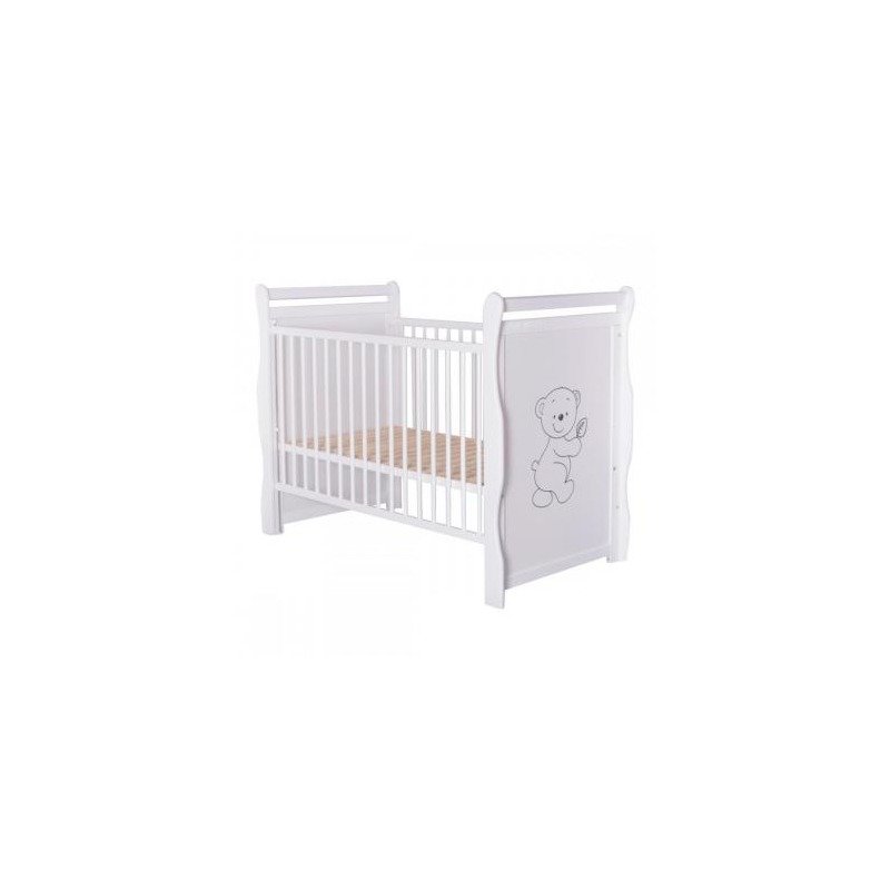 BabyNeeds - Patut din lemn Jas Ursulet 120x60 cm, cu laterala culisanta si roti, Alb + Saltea 10 cm image 8