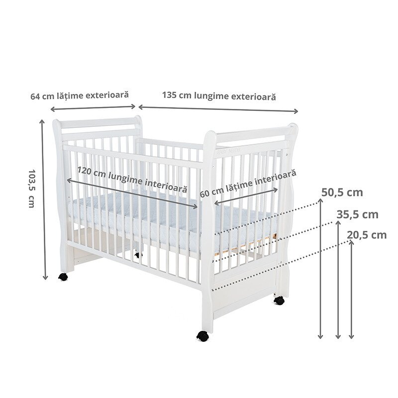 BabyNeeds - Patut din lemn Jas 120x60 cm, cu roti, Alb + Saltea 10 cm image 3