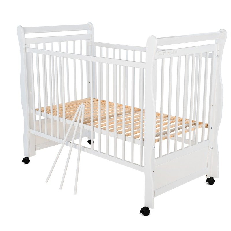 BabyNeeds - Patut din lemn Jas 120x60 cm, cu roti, Alb + Saltea 10 cm image 6
