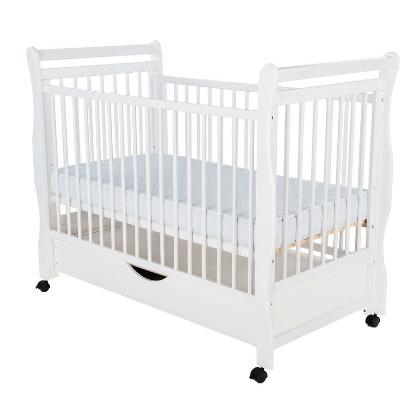 BabyNeeds - Patut din lemn Jas 120x60 cm, cu sertar si roti, Alb + Saltea 10 cm image 2