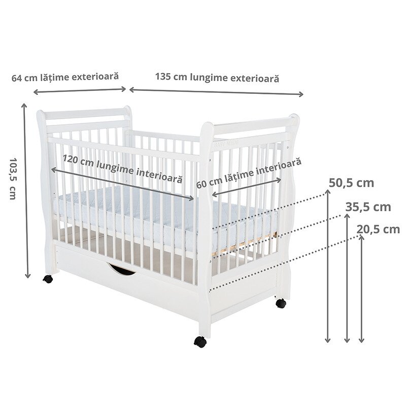 BabyNeeds - Patut din lemn Jas 120x60 cm, cu sertar si roti, Alb + Saltea 10 cm image 3