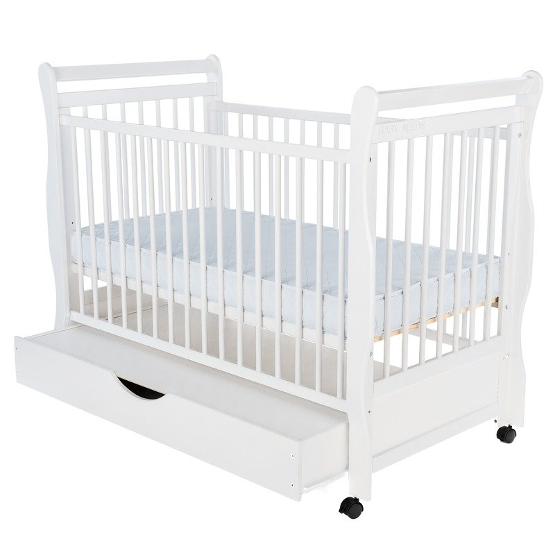 BabyNeeds - Patut din lemn Jas 120x60 cm, cu sertar si roti, Alb + Saltea 10 cm image 4