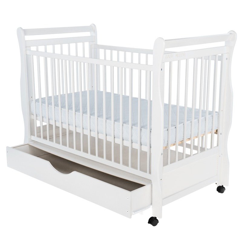 BabyNeeds - Patut din lemn Jas 120x60 cm, cu sertar si roti, Alb + Saltea 10 cm image 5