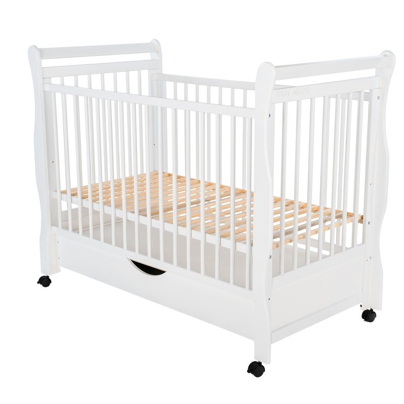 BabyNeeds - Patut din lemn Jas 120x60 cm, cu sertar si roti, Alb + Saltea 10 cm image 7