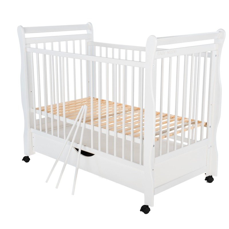 BabyNeeds - Patut din lemn Jas 120x60 cm, cu sertar si roti, Alb + Saltea 10 cm image 8
