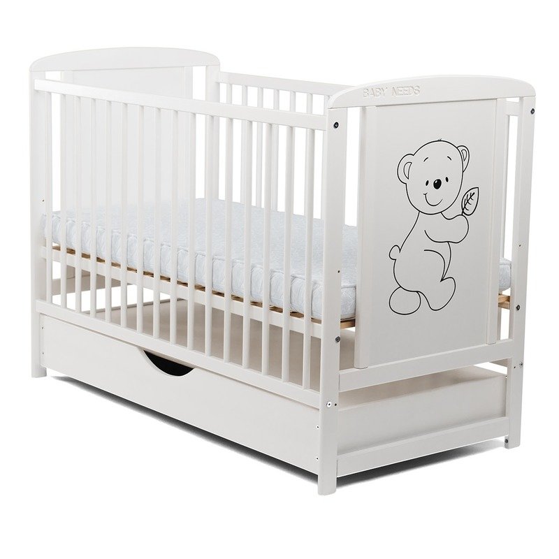 BabyNeeds - Patut din lemn Timmi 120x60 cm, cu sertar, Alb