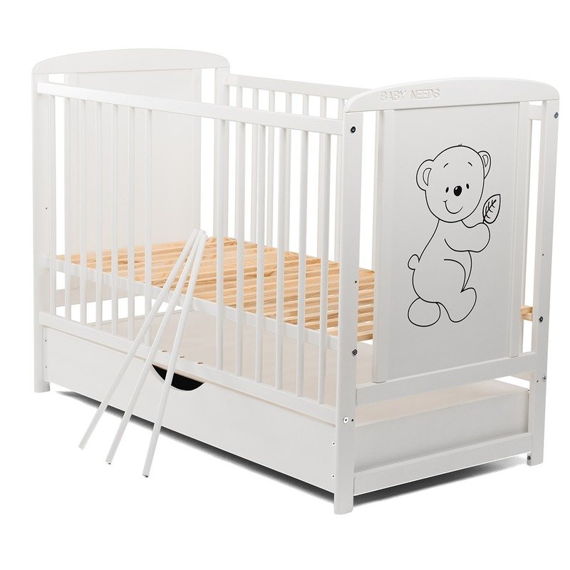 BabyNeeds - Patut din lemn Timmi 120x60 cm, cu sertar, Alb image 2