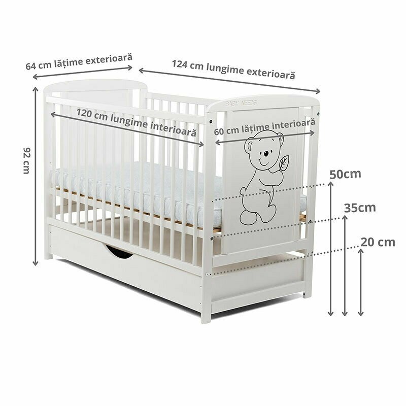 BabyNeeds - Patut din lemn Timmi 120x60 cm, cu sertar, Alb image 3