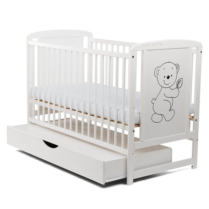 BabyNeeds - Patut din lemn Timmi 120x60 cm, cu sertar, Alb image 4