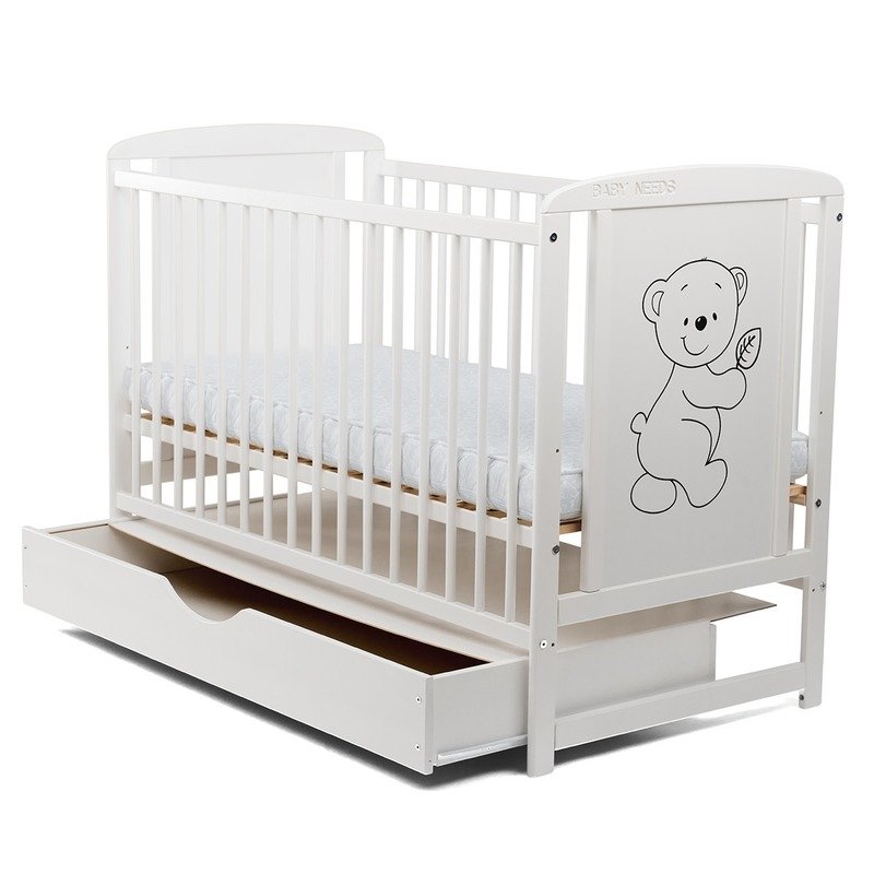 BabyNeeds - Patut din lemn Timmi 120x60 cm, cu sertar, Alb image 5