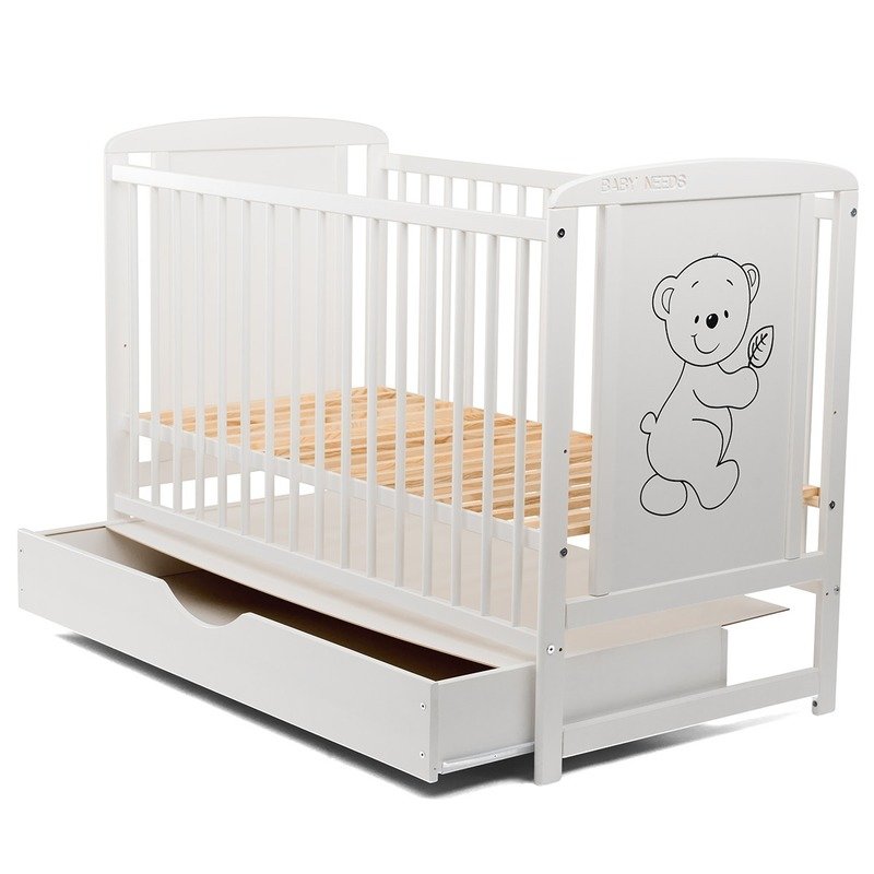 BabyNeeds - Patut din lemn Timmi 120x60 cm, cu sertar, Alb image 6