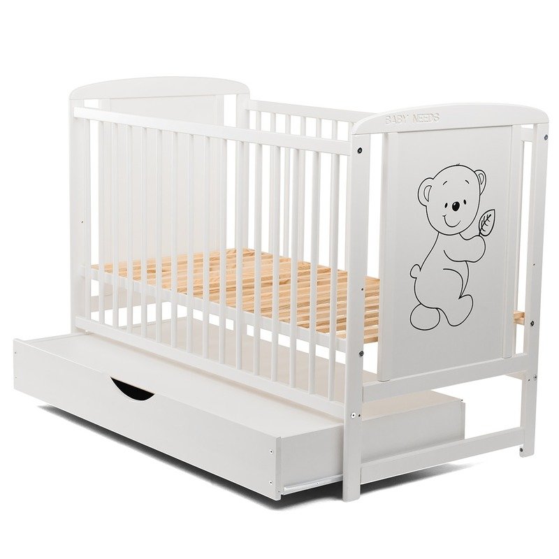 BabyNeeds - Patut din lemn Timmi 120x60 cm, cu sertar, Alb image 7