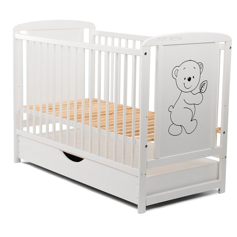 BabyNeeds - Patut din lemn Timmi 120x60 cm, cu sertar, Alb image 8