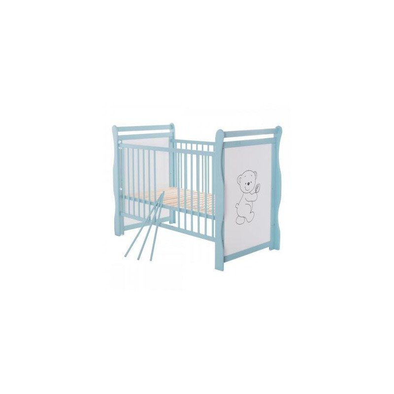 BabyNeeds - Patut din lemn Jas Ursulet 120x60 cm, cu laterala culisanta si roti, Mint + Saltea 10 cm image 8
