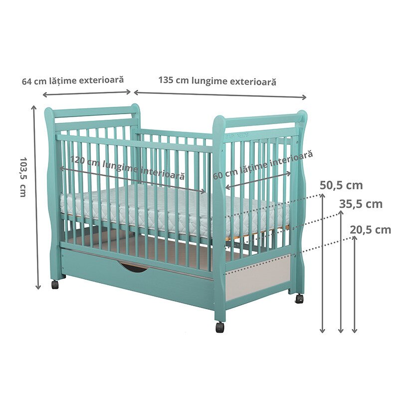 BabyNeeds - Patut din lemn Jas 120x60 cm, cu sertar si roti, Mint + Saltea 10 cm image 3