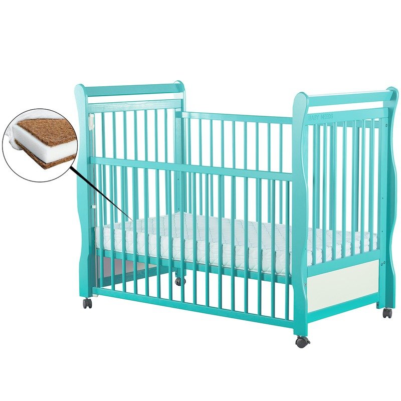 BabyNeeds - Patut din lemn Jas 120x60 cm cu laterala culisanta si roti Mint + Saltea 10 cm