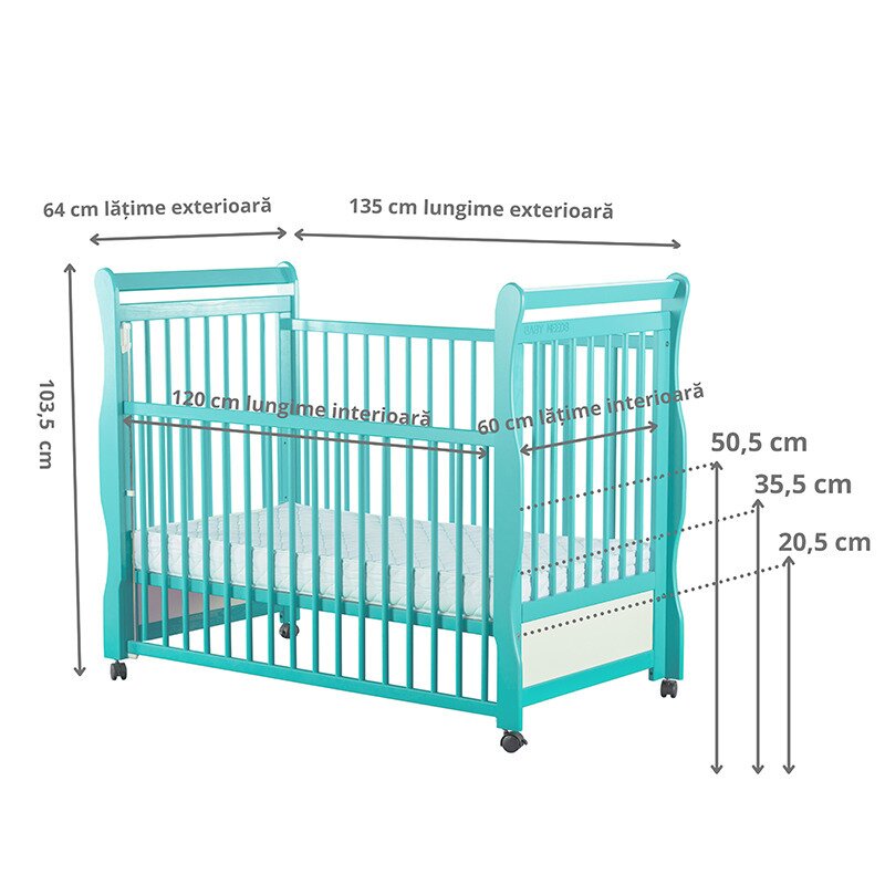 BabyNeeds - Patut din lemn Jas 120x60 cm cu laterala culisanta si roti Mint + Saltea 10 cm image 3