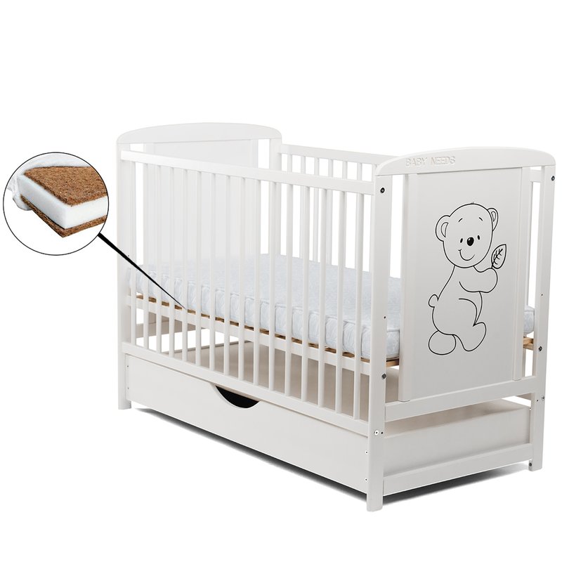 BabyNeeds - Patut din lemn Timmi 120x60 cm, cu sertar, Alb + Saltea 10 cm